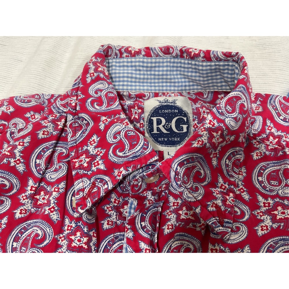 R&G London New York Mens Large Red Paisley Short Sleeve Button Down Shirt